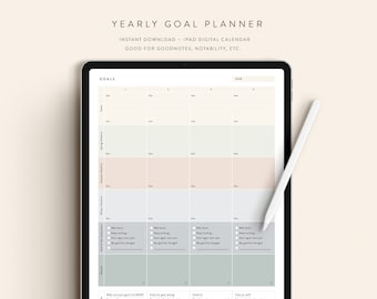 May include: A digital planner for setting yearly goals. The planner is divided into four quarters and includes a section for goal setting, progress tracking, and reflection. The planner is designed for use with iPad apps like Goodnotes and Notability.