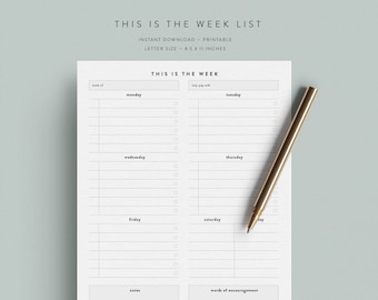 Esta es la descarga imprimible de la lista semanal - Descarga instantánea - Tamaño carta
