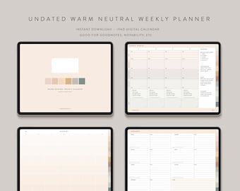 Descarga de iPad del planificador semanal digital sin fecha — Neutral cálido — Inicio domingo + lunes — Notability GoodNotes Xodo