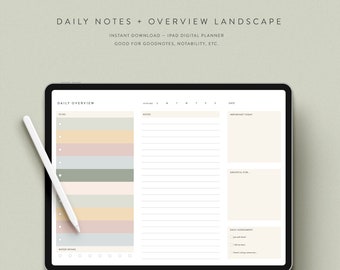 Undated Daily Overview + Notes Landscape iPad Download — 10 Color Options — Notability GoodNotes Xodo