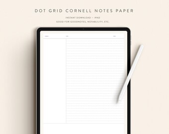 May include: A digital iPad screen displaying a blank Cornell Notes template with a 6 mm lined and 6 mm dot grid. The template is designed for note-taking apps like Goodnotes and Notability.