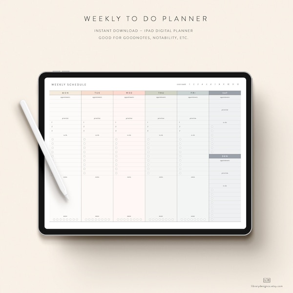 Weekly To Do Planner iPad Download — 10 Color Options — Horizontal — Notability GoodNotes Xodo