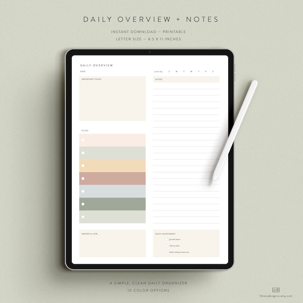Undated Daily Overview + Notes iPad Download — 10 Color Options — Notability GoodNotes Xodo
