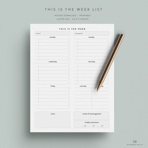 This is the Week List Printable Download — Instant Download — Letter Size