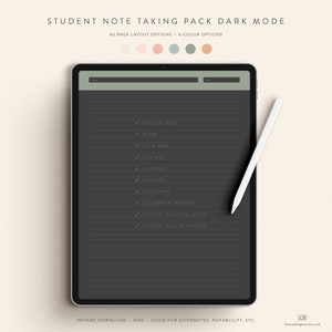 May include: A dark gray iPad screen displaying a list of note-taking page layouts. The list includes options like "College Rule", "Blank", "5 cm Grid", "1 cm Grid", "5 cm Dot", "1 cm Dot", "2 Columns", "Columns w/ Margin", "College Rule Full Bleed", and "College Rule w/ Margin". The iPad is on a white surface with a white stylus next to it.