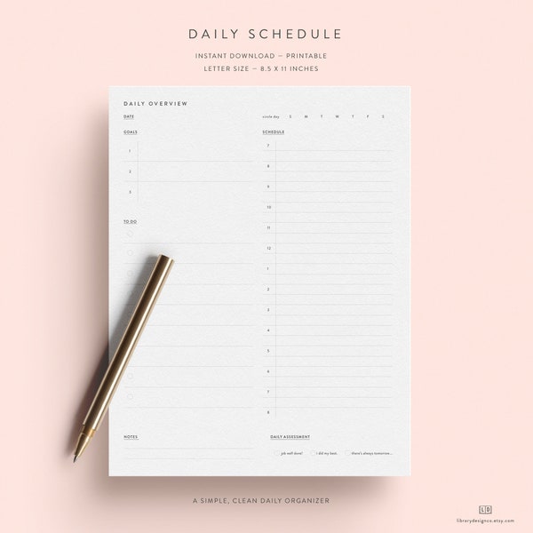 Undated Daily Schedule Planner Printable Download — Instant Download — Letter Size
