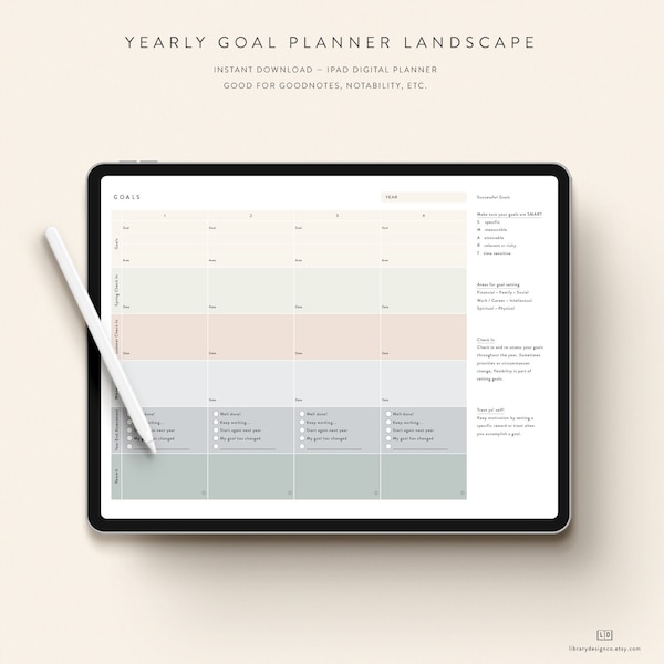 Yearly Goal Planner iPad Download Landscape— 10 Color Options — Notability GoodNotes Xodo