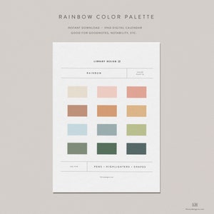 May include: A digital color palette with 12 color swatches in a rainbow order. The color palette is labeled "Rainbow" and is for use with pens, highlighters, and shapes. The text "Library Design Co." is at the bottom of the page.