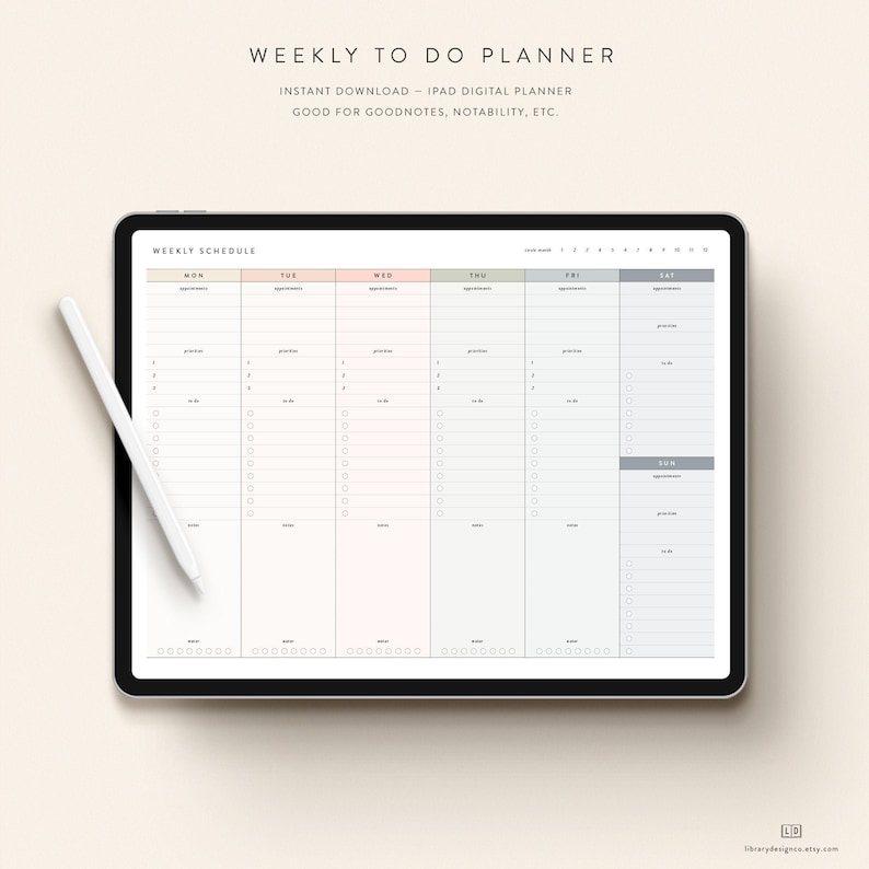 Weekly To Do Planner iPad Download 10 Color Options Horizontal Notability GoodNotes Xodo image 1