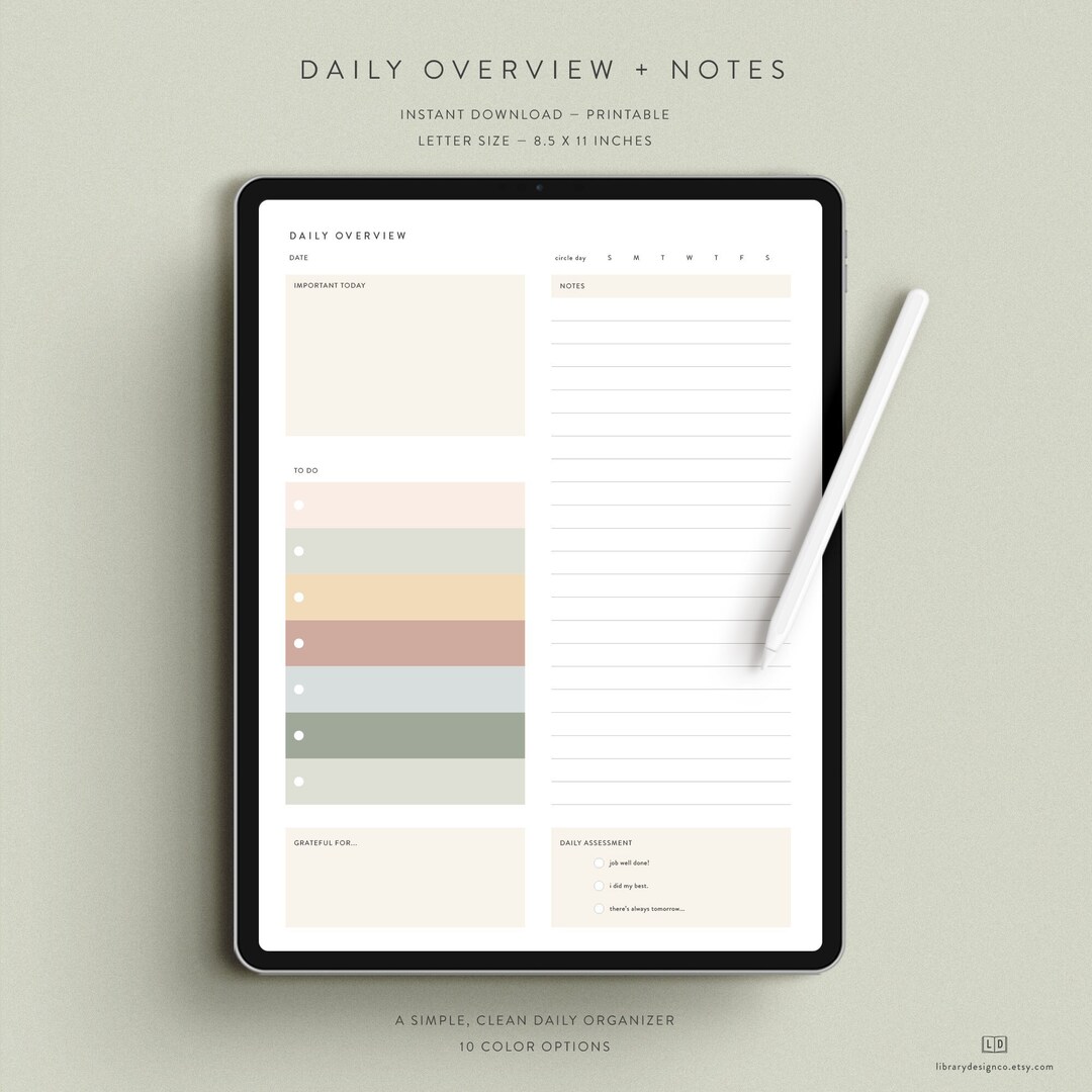 Notes Overview Undated Daily Overview + Notes iPad Download — 10 Color Options ...