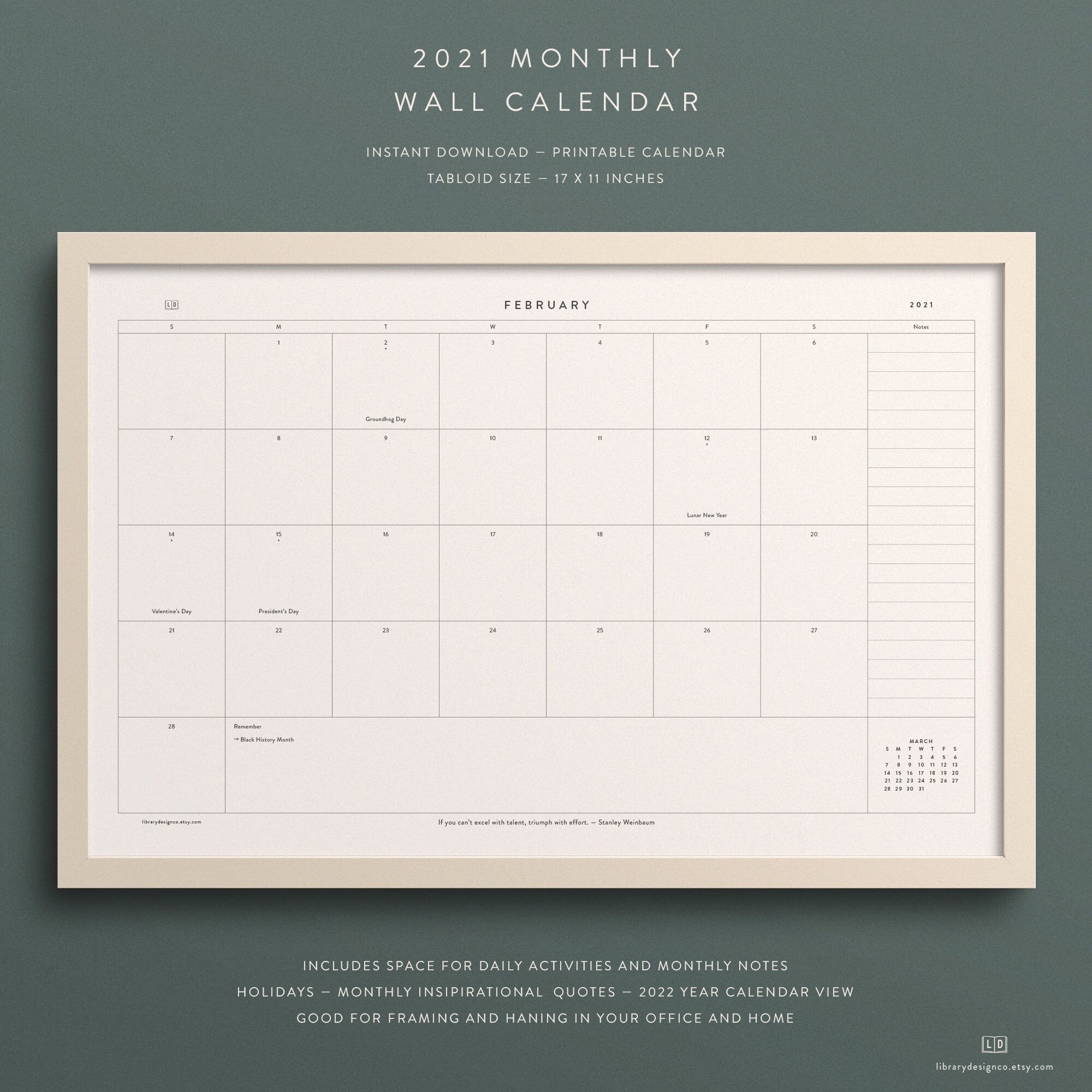 2021 Printable Monthly Wall Calendar Instant Download 11 x Etsy