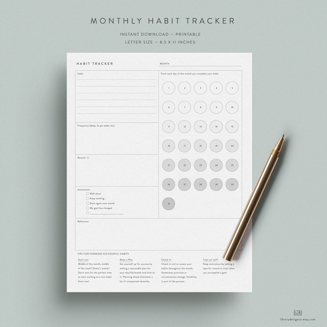 Monthly Habit Tracker Printable Download — instant Download — Letter ...