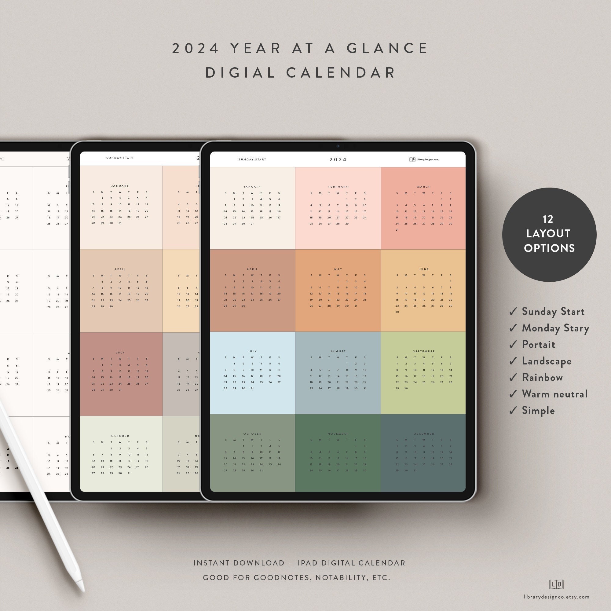 2024 Digital Yearly Calendar iPad Download Etsy
