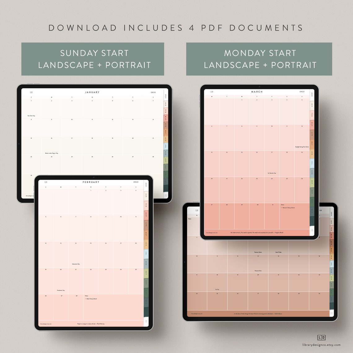 2023 Digital Monthly Calendar Ipad Download Rainbow Etsy