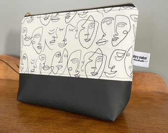 Large makeup bag, cosmetic bag, toiletry pouch, travel makeup bag, large zippered pouch, vegan leather pouch, minimalist design, faces print