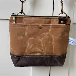 Small crossbody bag, tan and brown waxed canvas bag, crossbody bag for women, brown waxed canvas base purse, shoulder bag leather trim