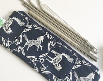 Straw/Cutlery Pouch, reusable straw pouch. (straws not included), navy with white horse print