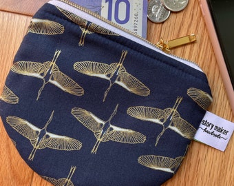 Small coin pouch, coin purse for women, small coin and card purse, small bag organizer, curved zipper pouch, round zipper purse, crane print