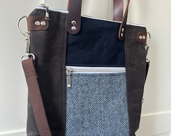 Large tote, Redwood tote, shoulder bag to cross body, leather straps,everyday bag with pockets,waxed canvas bag, blue Harris tweed wool trim