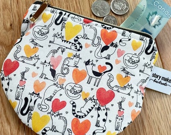 Small coin pouch, coin purse for women, small coin and card purse, small bag organizer, curved zipper pouch, round zipper purse, hearts cats