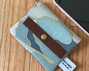 mini minimalist wallet, handmade wallet, small coin purse, change purse, women's small wallet, leather snap tab, blue & tan canvas print