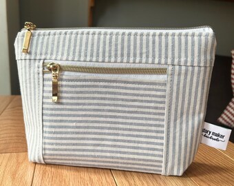 Small makeup bag, toiletry zip pouch, flat bottom, travel case, purse organizer, clutch bag, light blue stripe linen bag, gold zipper pull