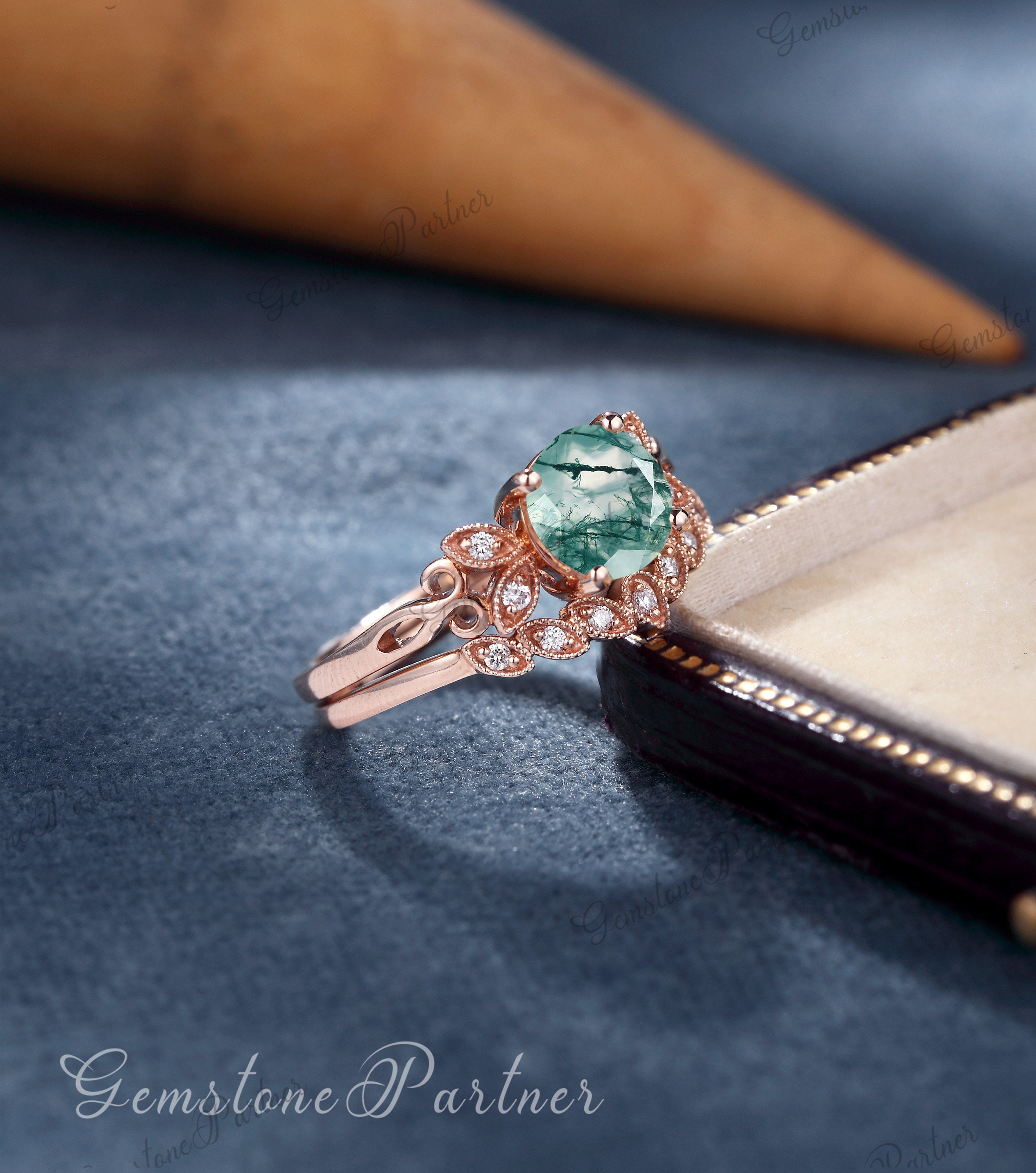 Moss Agate engagement ring set rose gold vintage Moss Agate | Etsy