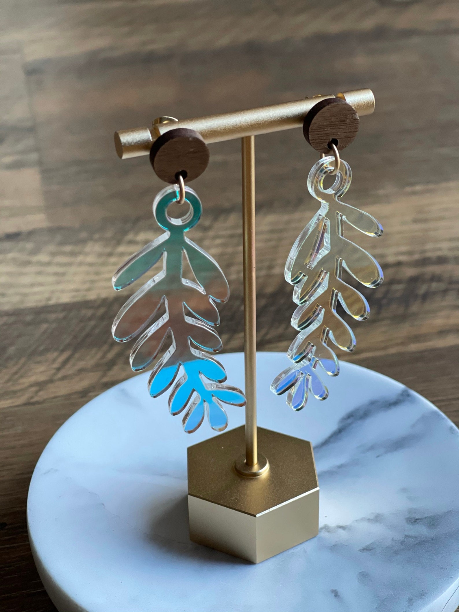 Iridescent acrylic earrings with gold/ Rainbow Holographic Etsy