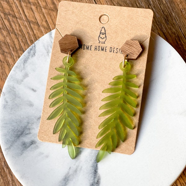 Frosted green acrylic leaf earrings/ handmade dangle earrings/ laser cut earrings