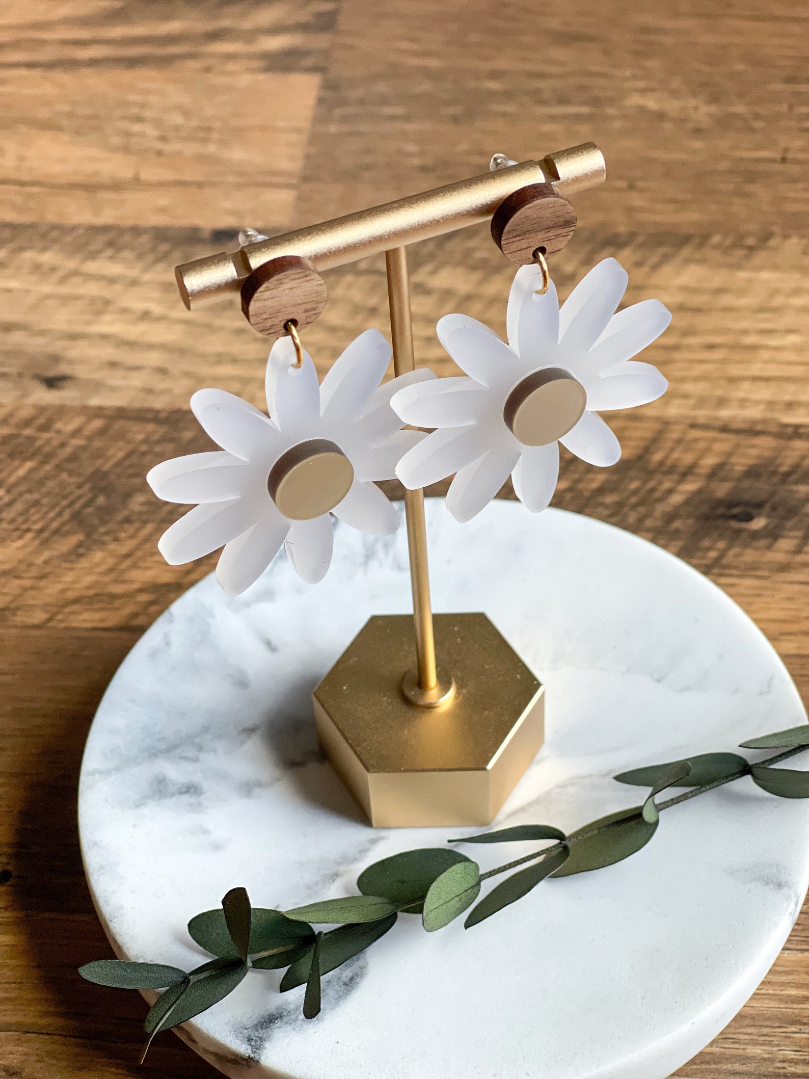 Daisy White and Gold Acrylic Earrings/ Statement Unique Etsy