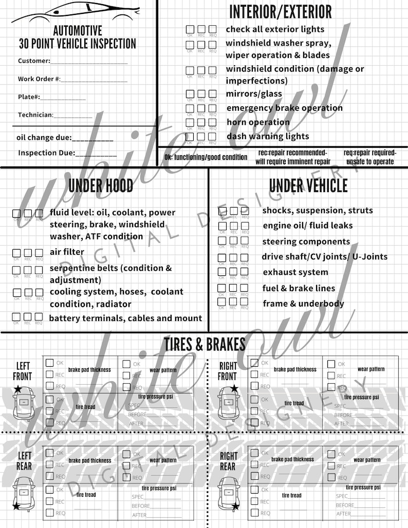 Professional Automotive 30 Point Car Inspection Checklist Worksheet
