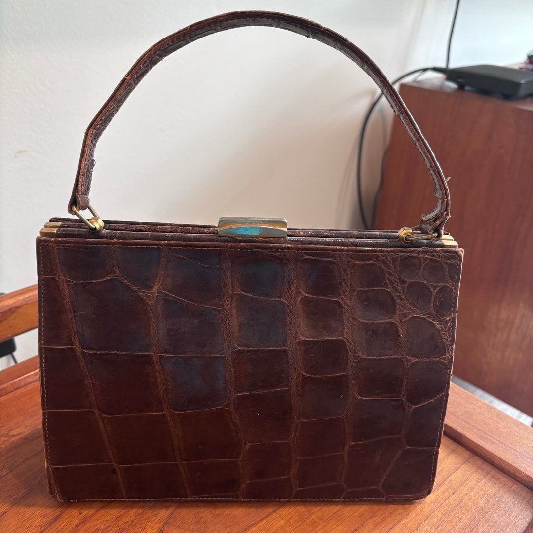 Vintage Alligator Handbag, Top Handle Bag With Brass Clasp
