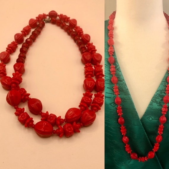 1940s Coral Acrylic Glass Necklace Set Beaded Clip Earrings 