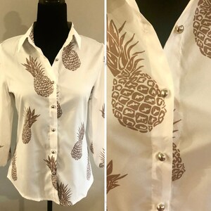 Pineapple shirt, white shirt printed with golden pineapples, vintage blouse gift for women