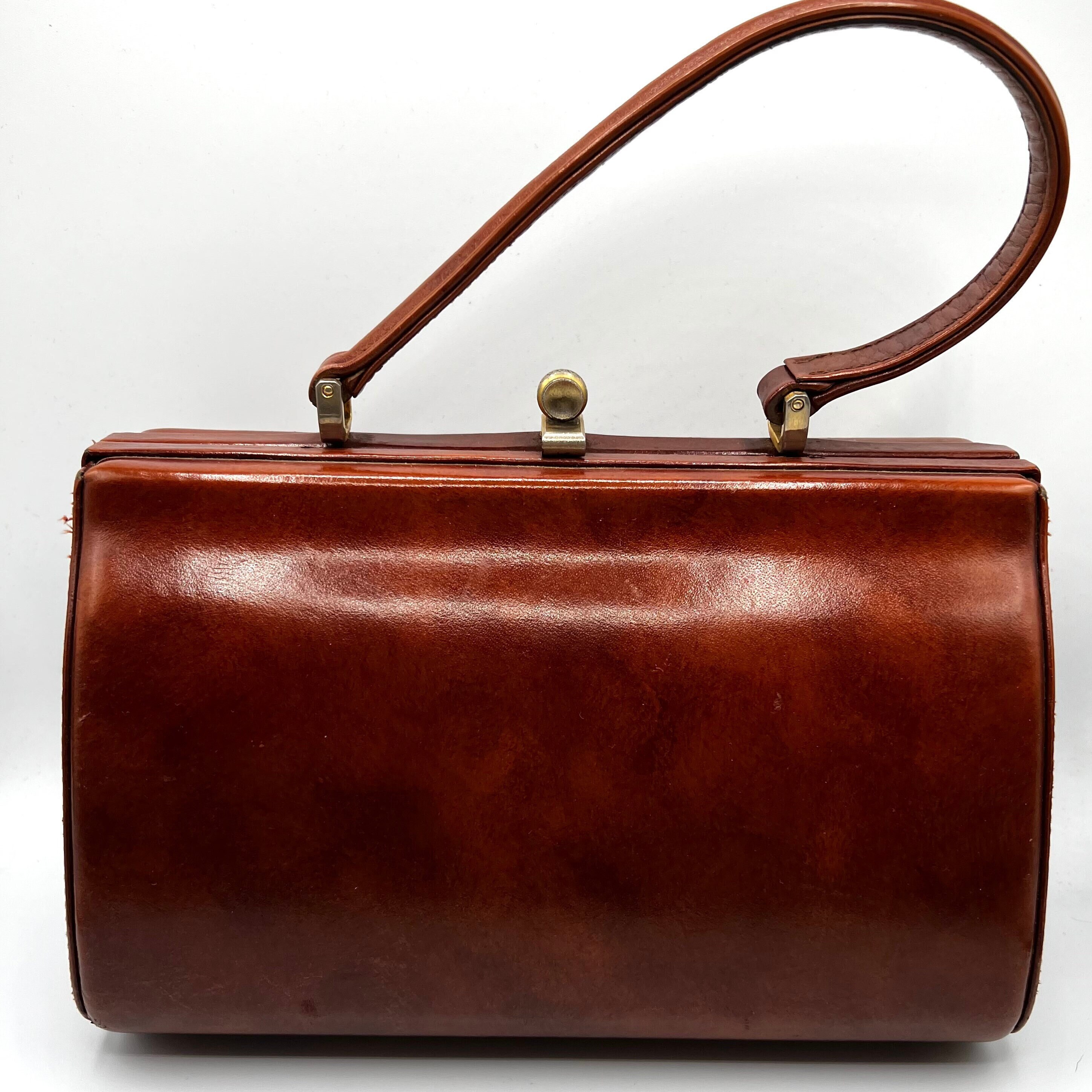 Vintage Cognac Leather Hard Shell Handbag With Leather Gusset Etsy