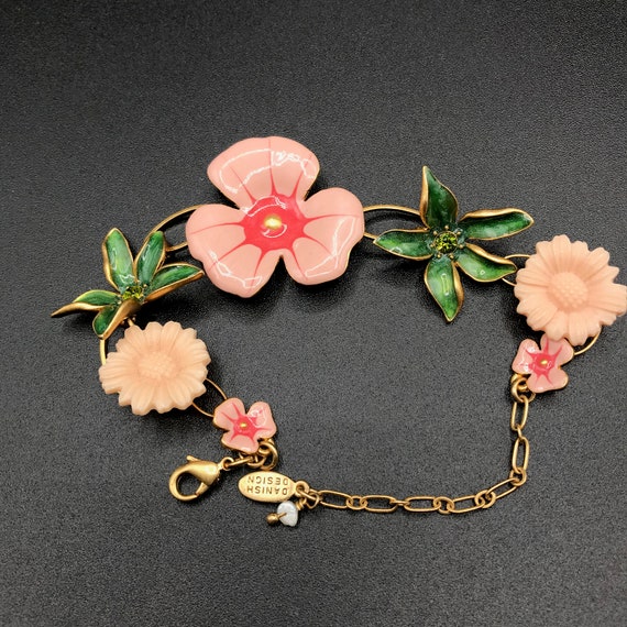 Floral enamelled gold tone bracelet, pink and gre… - image 2