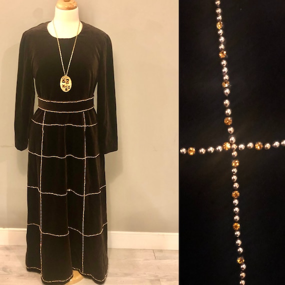 1960s couture brown velvet gown by Dynasty, jewel enc… Gem