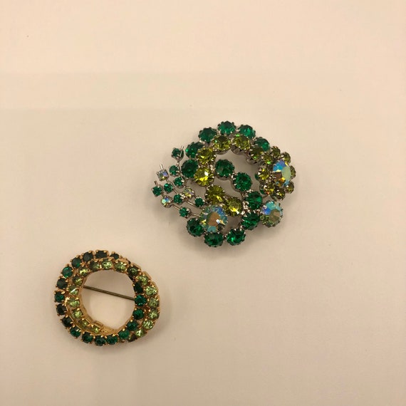 Two 1960s Green Rhinestone Brooches Continental Rhinestone Brooch