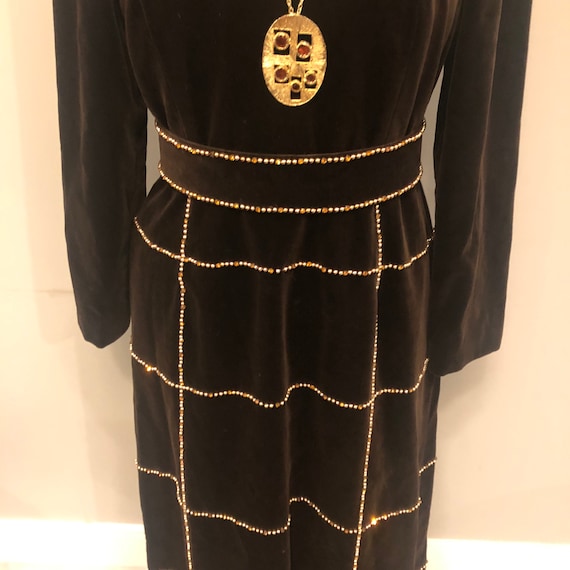 1960s couture brown velvet gown by Dynasty, jewel enc… Gem