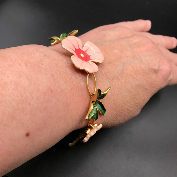 Floral enamelled gold tone bracelet, pink and gre… - image 4
