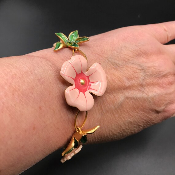 Floral enamelled gold tone bracelet, pink and gre… - image 7