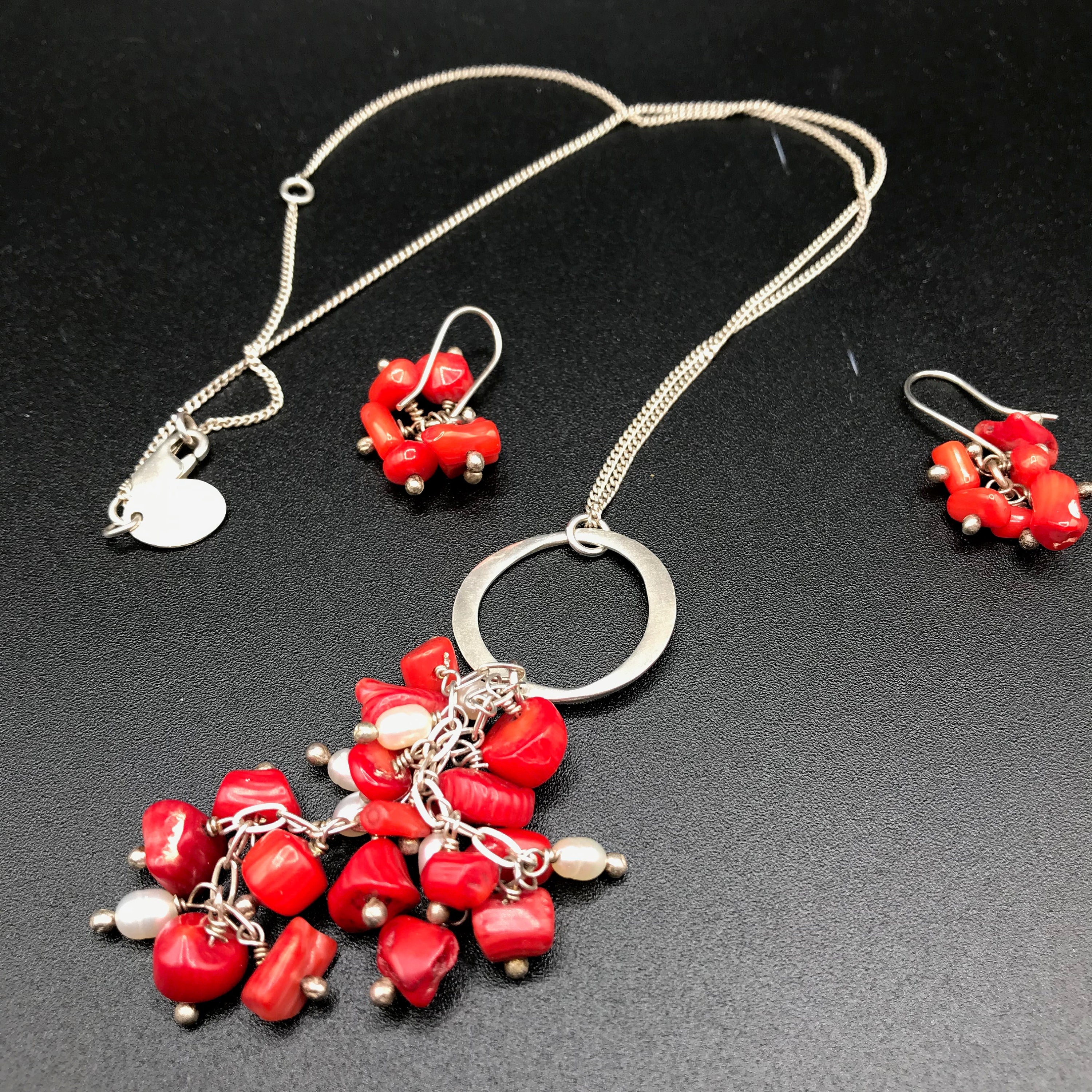 Sterling silver red coral necklace and earrings set, vintage Christmas gift for her