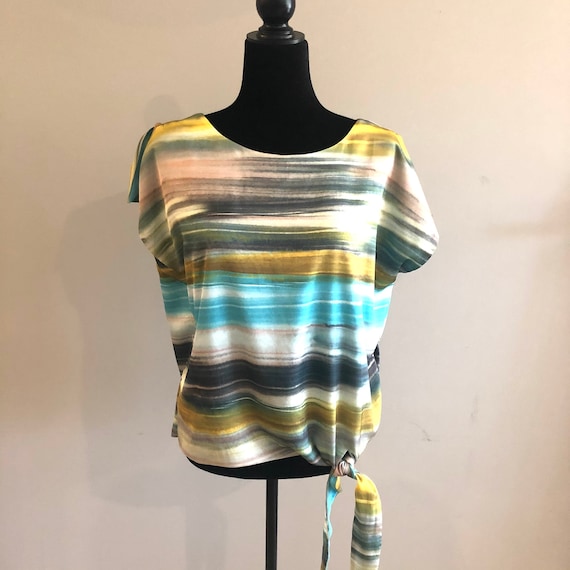 12 Melanie Lyne Top, Silky Blue and Green Top With Tie, Lined Top