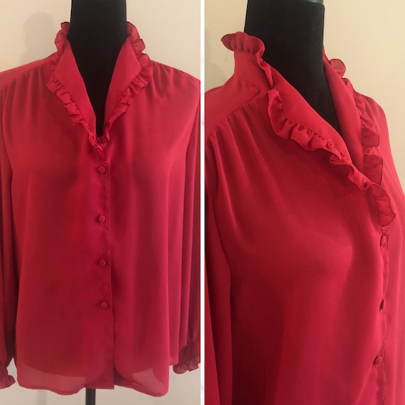 Red blouse women, vintage polyester blouse, ruffl… - image 1