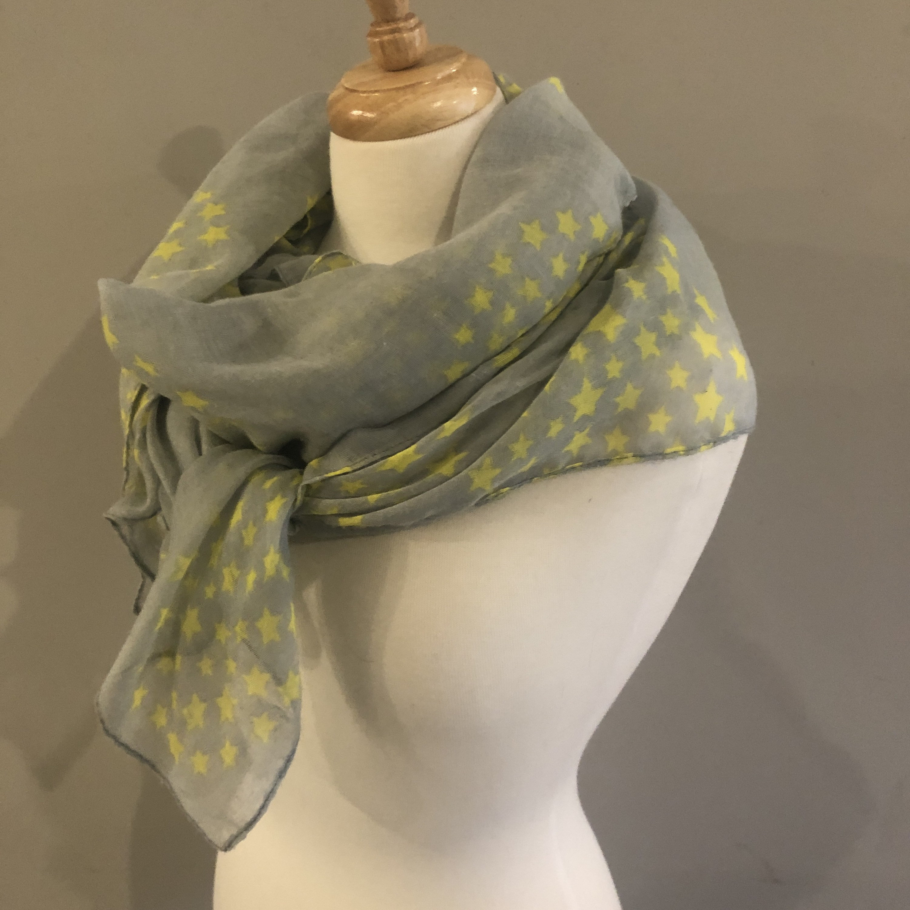 Large Grey Rectangular Scarf With Yellow Stars, Gauzy Scarf