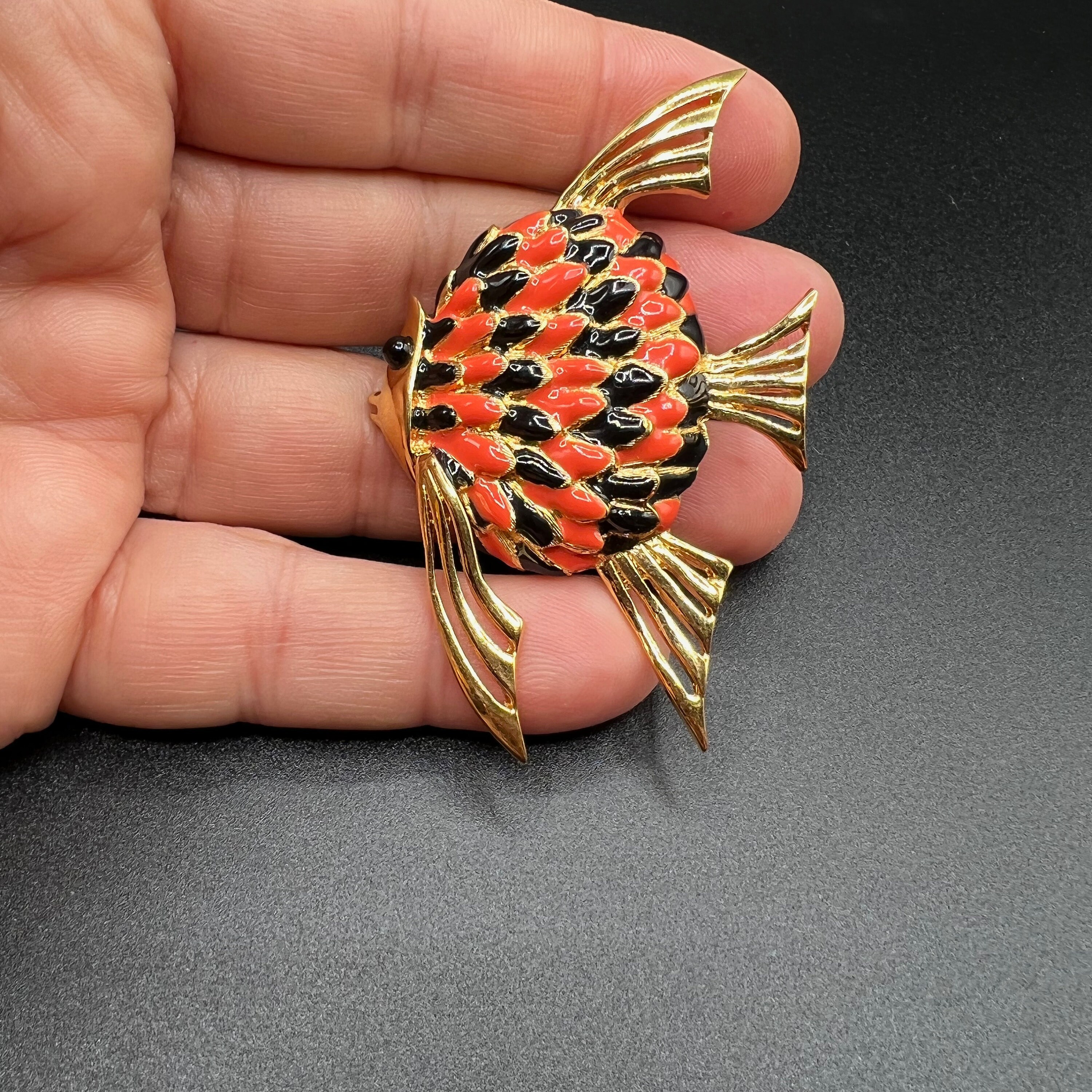 Gold and Enamelled Tropical Fish Pin Coral and Black Scaled - Etsy