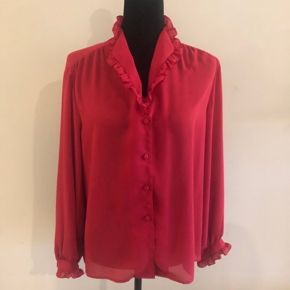 Red blouse women, vintage polyester blouse, ruffl… - image 3