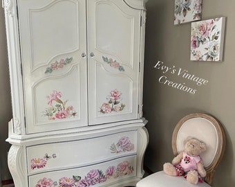 Hand painted armoire | wardrobe | Shabby chic cottage style furniture | White Vintage armoire