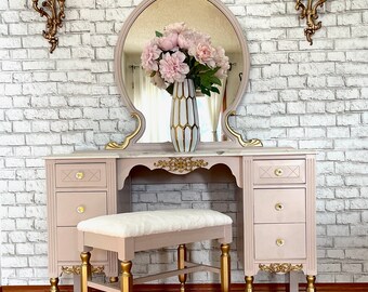 SOLD !!!! Blush Pink and Gold Vanity Desk and Stool