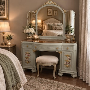May include: A light sage green vanity table with a tri-fold mirror, gold-toned ornate accents, and floral drawer details. The vanity features a dark wood top, multiple drawers with gold knobs, and a matching upholstered stool with curved legs.